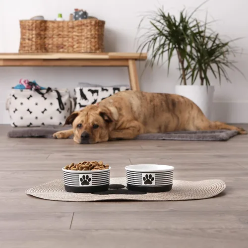 Vista 4 de Bone Dry Ceramic Stripe Paw - Cuencos para mascotas, aptos para lavavajillas, pequeños, 4.25 x 2, negro, 2