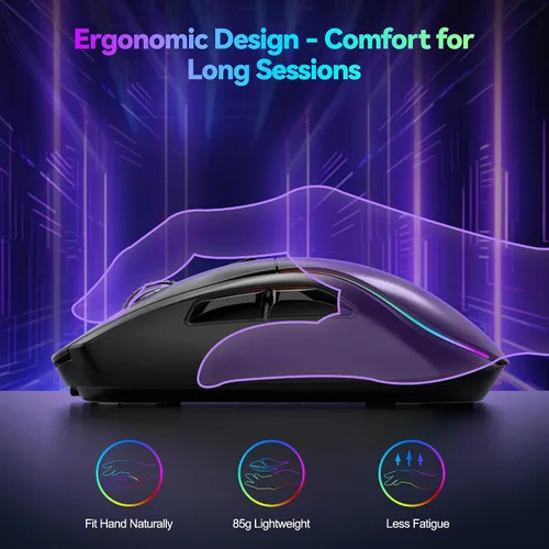 Vista 6 de TECKNET Ratón inalámbrico para juegos de tres modos, retroiluminado RGB Bluetooth 5.0/2.4G/USB-C Ratón ergonómico recargable con 6 botones
