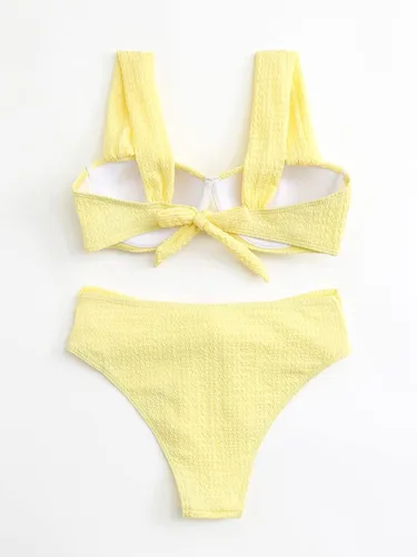 Vista 4 de MakeMeChic Conjunto de bikini de 2 piezas para mujer, traje de baño con nudo frontal, push up de cintura alta