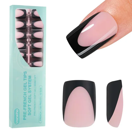 Vista 14 de Vansiho Uñas postizas de gel francés de almendra media, uñas suaves rosadas