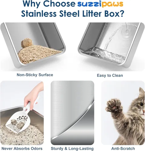 Vista 7 de Suzzipaws Paquete de 2 cajas de arena de acero inoxidable de 17.3 x 13.4 x 9 pulgadas, caja de arena para gatitos y mascotas pequeñas, caja de arena