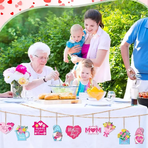 Vista 6 de Patelai 36 Piezas Adornos del Día de la Madre para Árbol Gnomo Rosa Floral Flores Mejor Mamá Amo a Mamá Letrero de Madera Decoraciones de Árbol