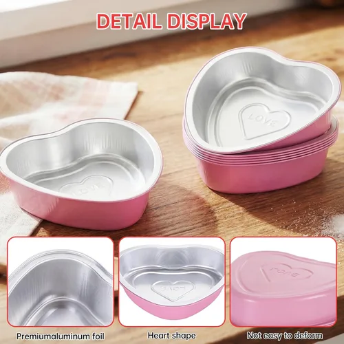 Vista 3 de Juego de 15 moldes para pasteles en forma de corazón con tapas, mini recipientes desechables de papel de aluminio para cupcakes de 22.7 onzas