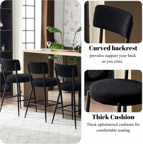 Vista 5 de Juego de 2 taburetes de bar tapizados de tela de peluche con respaldo, sillas de bar de comedor tapizadas modernas con patas de metal y reposapiés