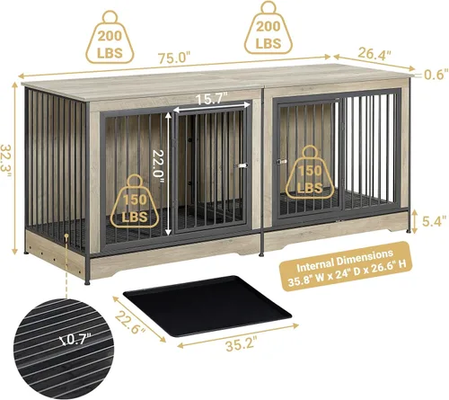 Vista 13 de Rovibek Mueble doble para perros de 75 pulgadas para 2 perros grandes, muebles resistentes, estilo jaulas para perros, mesa auxiliar, jaulas