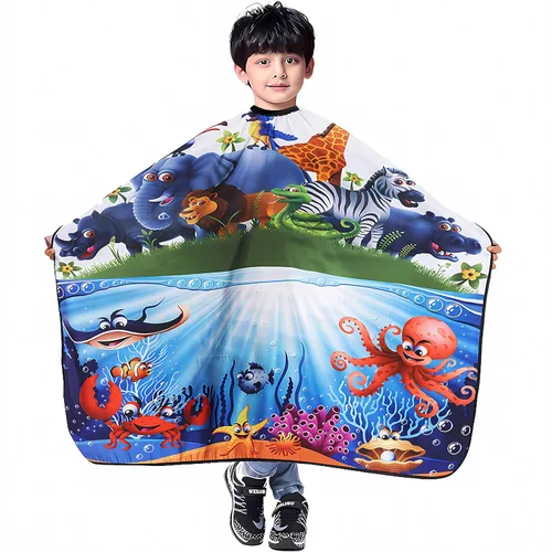 Vista 12 de DOKKIA KIDS Capa de peluquero para niños corte de pelo, niños, niños pequeños, niños y niñas, peluquería, estilo de salón, paño de tela, delantal