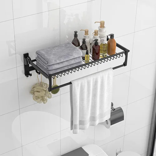 Vista 2 de Tangkula Estante de baño plegable, estante de baño montado en la pared con barra ajustable y ganchos móviles, organizador de aluminio a prueba