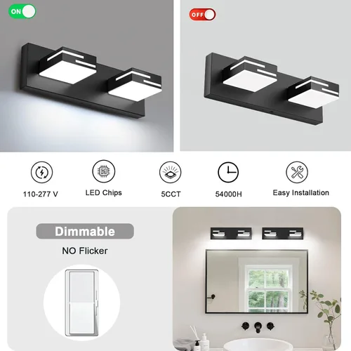 Vista 6 de Lámparas LED modernas para tocador de baño, 2 luces regulables de 15 pulgadas, color negro mate, para accesorios de iluminación de baño sobre