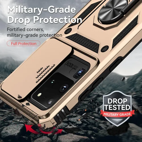 Vista 7 de Funda para Galaxy S20 Ultra/Samsung S20 Ultra SM-G988U con protector de pantalla de vidrio templado y cubierta para cámara deslizante, anillo Oro