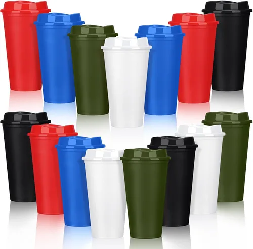 Vista 18 de Domensi Paquete de 15 tazas de café reutilizables con tapas, vasos de viaje desechables de 16 onzas, vasos de plástico a granel para llevar, vasos