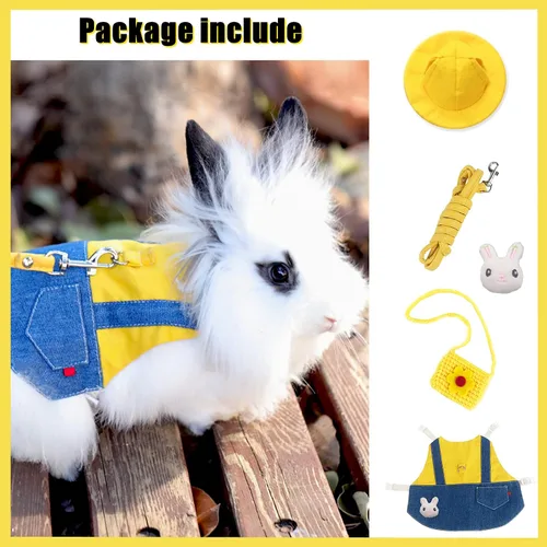 Vista 2 de Ropa de conejillo de indias, ropa suave de hurón con arnés de conejo para mascotas y correa, mini bolsa para sombrero, lindo broche para collares