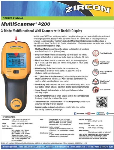 Vista 7 de Zircon MultiScanner A200 – Escáner de pared electrónico, detector de pernos y metales con detección de cables de corriente alterna en vivo, puntero