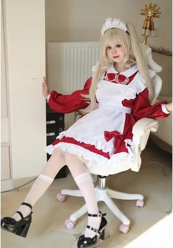 Vista 5 de WKDTWCOS Disfraz de sirvienta para mujer, talla grande, disfraz de sirvienta de Halloween, Lolita, anime japonés, delantal, vestido de sirvienta