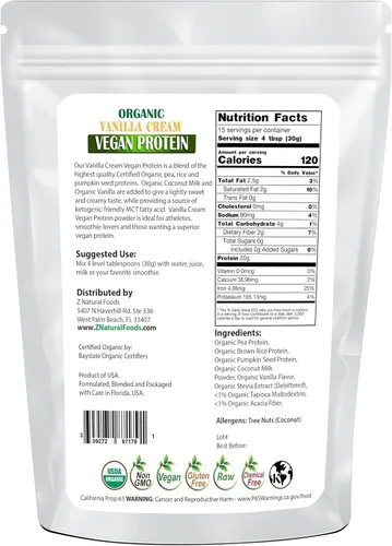 Vista 2 de Z Natural Foods Crema de vainilla orgánica en polvo de proteína vegana, suplemento de proteína vegana con sabor a vainilla, todo natural, vegano