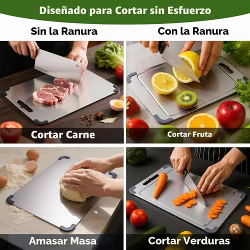 Vista 4 de Tabla de cortar de acero inoxidable, tabla de cortar de acero apto para alimentos de doble cara para cocina con 2 raspadores de limpieza, tabla