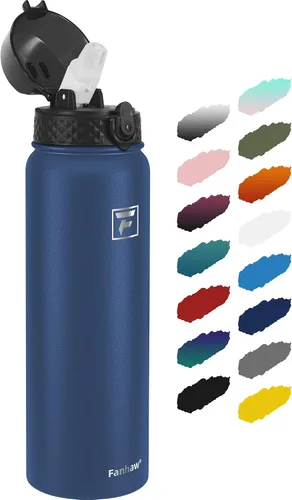 Vista 45 de Fanhaw Botella de agua de acero inoxidable aislada para niños de 20 onzas con tapa con popote, a prueba de fugas y antipolvo, botella de uso diario