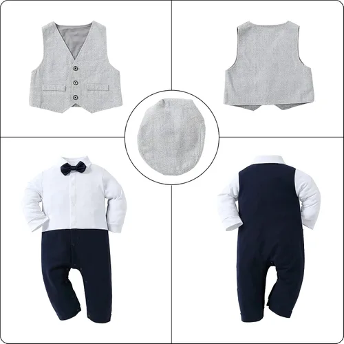 Vista 4 de HOSUKKO - Traje de bebé para caballero, mamelucos + boina + corbatín (0-24 meses)