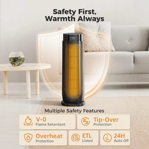 Vista 7 de BREEZOME Calentadores de Espacio para Uso Interior, 1500W, con Termostato, Temporizador de 24H, Oscilación de 90°, Silencioso, Portátil, Cerámica