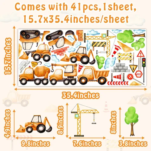 Vista 4 de Calcomanías de pared para automóvil, camión, construcción, vehículos, calcomanías de pared de dibujos animados, acuarela, calcomanías de tractor