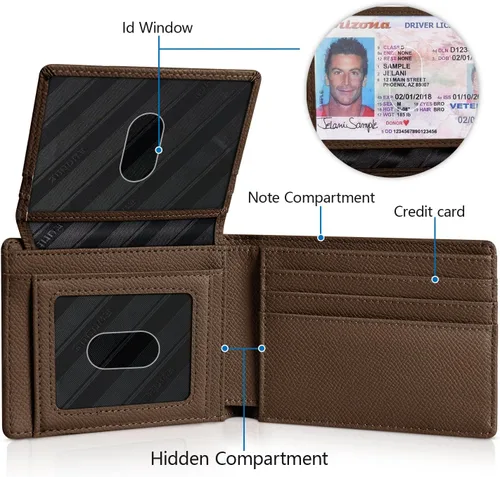 Vista 4 de RUNBOX Carteras de los hombres Slim Rfid Leather 2 ID ventana con caja de regalo, Palm-café