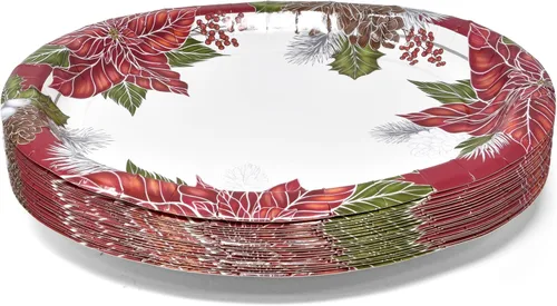Vista 3 de Gift Boutique 50 Unidades Platos Ovalados de Follaje de Flor de Pascua Navideña de 10" x 12" – Bandejas de Papel Navideñas para Fiestas y Reuniones