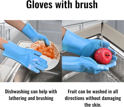 Vista 5 de Guantes de silicona para lavar platos, guantes de cocina para lavar platos, reutilizables, impermeables, para el hogar, con cepillo de limpieza