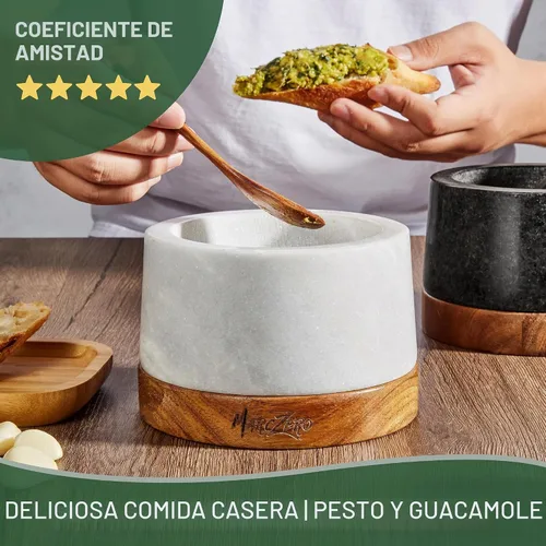 Vista 7 de MarcZero Juego de mortero y pilón grande de 15 cm con base de madera antiarañazos, mortero y pilón resistentes hechos de mármol natural (blanco)