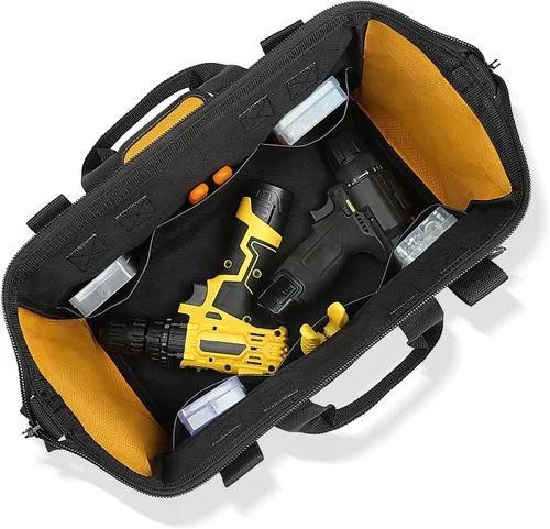 Vista 6 de WINHUNT Bolsa de herramientas premium, 14 bolsillos, 18 pulgadas, negro/amarillo, correa de hombro ajustable