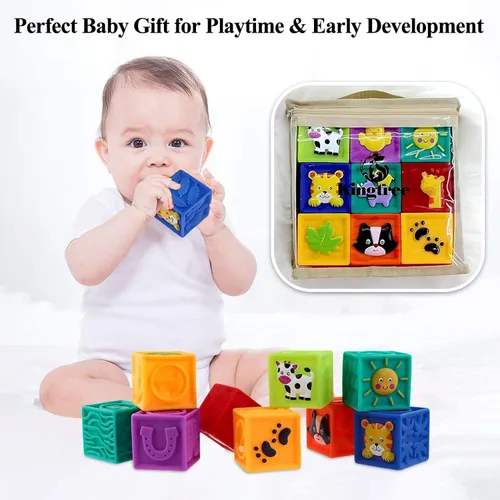 Vista 8 de Kingtree Bloques para bebés, 9 piezas de bloques de construcción suaves para bebés de más de 6 meses, juego de bloques educativos de dentición