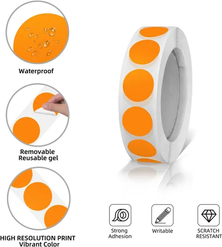 Vista 5 de Calcomanías redondas naranjas de 0.50 pulgadas con código de color, impermeable, rollo extraíble de 1000 unidades Strong Adhesive, Waterproof