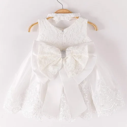 Vista 4 de Vestido de encaje con lazo de flores para bebé, princesa, boda, cumpleaños, concurso, bautismo, bautizo, tutú con gorro