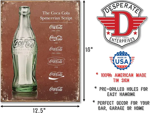 Vista 2 de Desperate Enterprises Coca-Cola - Script Heritage - Letrero de hojalata, 12.5 pulgadas de ancho x 16 pulgadas de alto