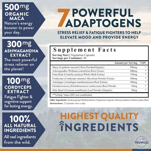 Vista 2 de TruWild Adaptogen Blend con Cordyceps Maca Ashwagandha - Mezcla de hongos de espectro completo para apoyo y función diarios, fórmula totalmente