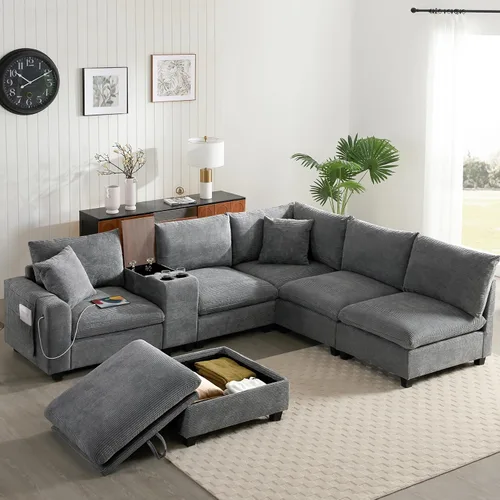 Vista 13 de Sofá seccional de gran tamaño de 142 pulgadas con 2 otomanas y consolas de almacenamiento móviles, sofá modular de felpilla en forma de U de 6