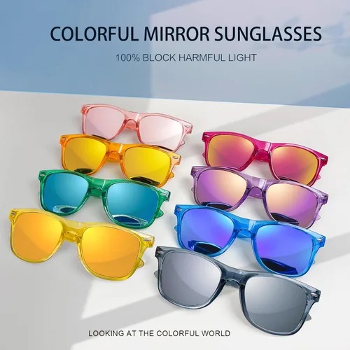 Vista 3 de Paquete de 1224 gafas de sol espejadas coloridas con marco transparente de neón retro de los años 80 y 90 a granel para hombres y mujeres