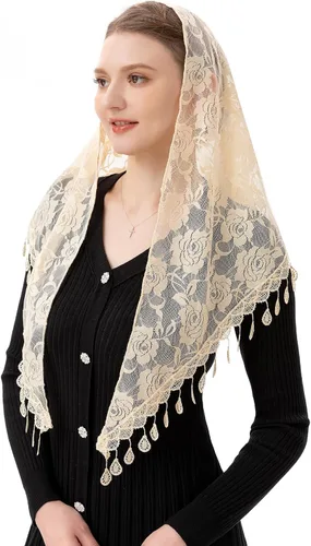 Vista 3 de PAMOR Mass Veil Triángulo Mantilla Catedral Cubierta Cabeza Capilla Velo Encaje Mantón Latino Bufanda