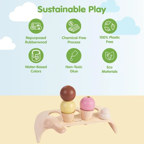 Vista 3 de PlanToys® Juego de helado de madera para niños Incluye soporte, cucharas y conos Comida de juego de simulación de postres para niños pequeños