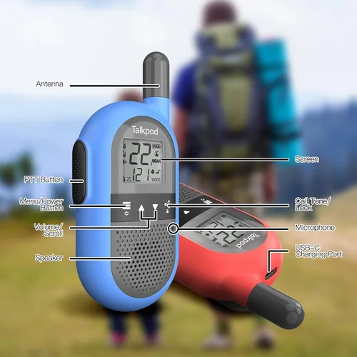 Vista 5 de Talkpod F40 Walkie Talkies 2 unidades para niños, adultos, radio FRS de mano de 2 vías con batería de iones de litio 22CH Walkie Talkie familiar