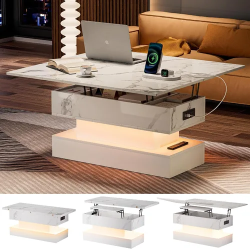 Vista 9 de SYESWAY Mesa de Centro Elevable de 39.4" con Estación de Carga, Mesa de Centro Multifuncional 4 en 1 con Almacenamiento y Compartimentos Ocultos