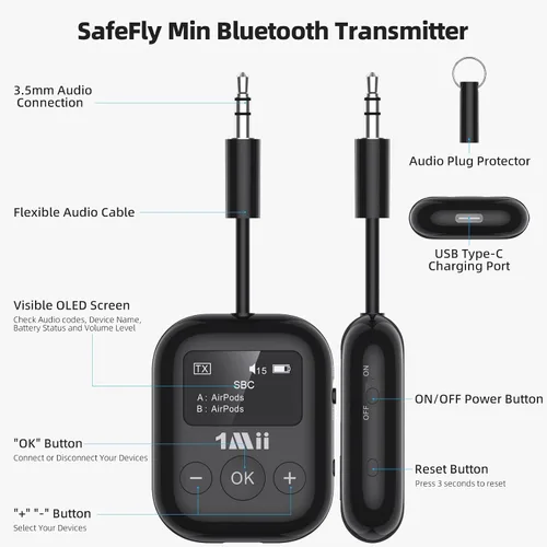 Vista 8 de 1Mii Airplane Bluetooth 5.3 Transmisor para todos los auriculares - Adaptador Bluetooth para TV - Conexión dual - aptX baja latencia - Flying