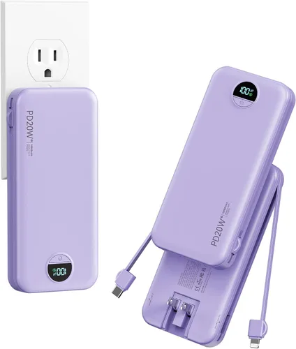 Vista 10 de Banco de poder aonidi de 12000mAh ultraportátil con cables y enchufe de pared AC incorporados, paquete de batería para teléfono celular con carga
