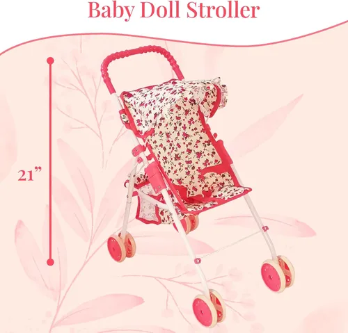 Vista 3 de Juego de Muebles de Cuna y Cochecito de Muñeca de Lujo, Juego de Accesorios Multi para Muñecas de 18", Incluye Cochecito de Muñeca, Columpio y Cama