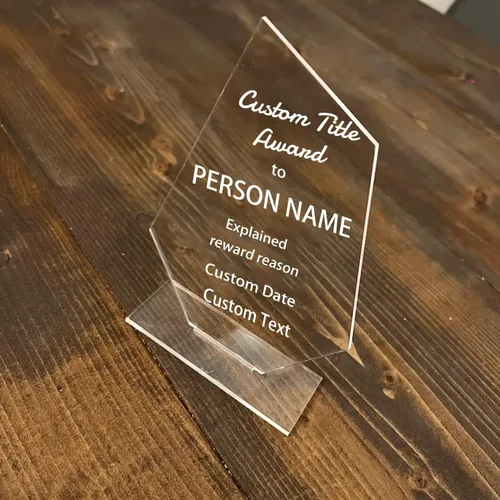Vista 4 de Placa de premio de trofeo personalizada para actividades, letrero de premio acrílico personalizado, tablero de trofeos transparente con base, trofeo