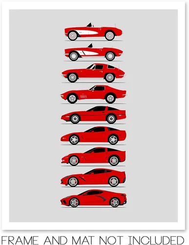 Vista 2 de Idea Network Póster hecho a mano compatible con Chevy Corvette Generations (perfil lateral) impresión de Chevrolet (C1 C2 C3 C4 C5 C6 C7 C8) – Rojo