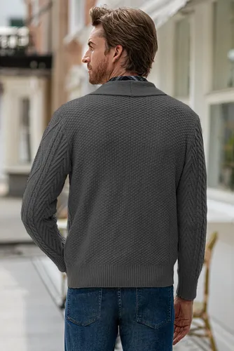 Vista 4 de JMIERR Suéter casual de manga larga con cuello de chal y botones para hombre con bolsillos