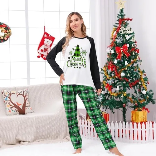 Vista 3 de Lizxun Pijamas de Navidad para la familia, conjuntos de pijamas de Navidad a juego, alce, árbol de Navidad, pijama familiar de Navidad