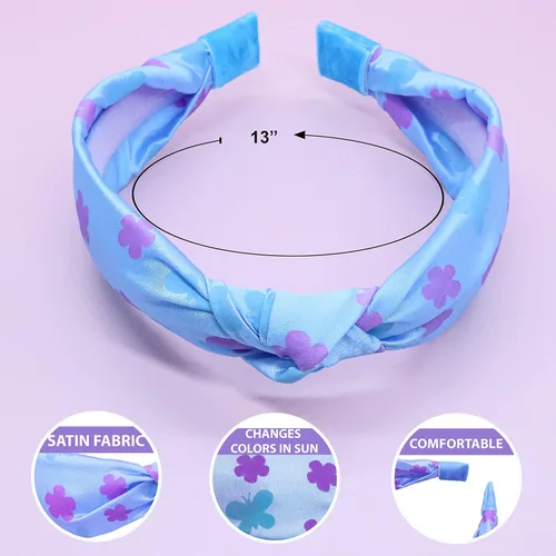 Vista 4 de FROG SAC Diadema de nudo azul que cambia de color para niñas, diademas de mariposa para niños, lindas bandas de pelo de flores anudadas de satén