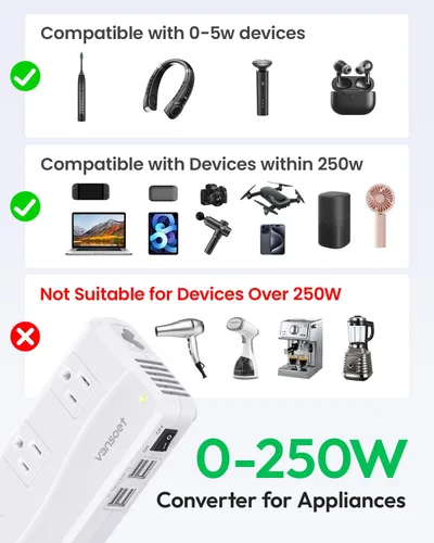 Vista 3 de Convertidor de viaje de 220 V a 110 V, convertidor de voltaje de EE. UU. a Europa, convertidor de corriente con 3 enchufes de CA y 4 puertos USB-A