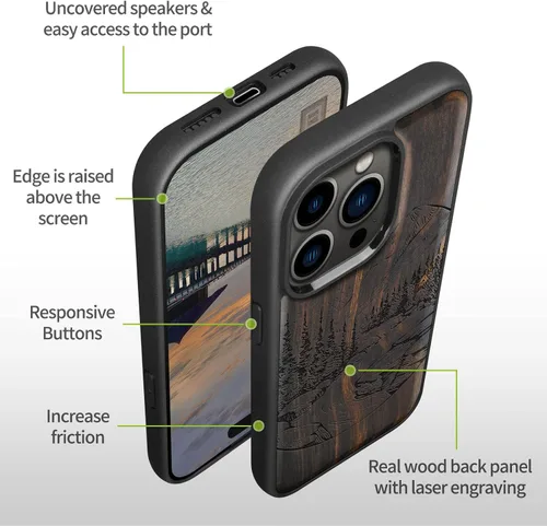 Vista 9 de Carveit Funda magnética de madera para iPhone 14 Pro Max [madera natural y TPU suave negro] Funda protectora de madera única y elegante a prueba