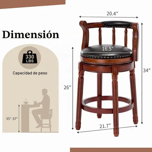 Vista 2 de RAINMOOD Juego de 2 taburetes de bar, taburete tapizado de cuero de grano completo, silla de bar negra con respaldo, patas de madera maciza